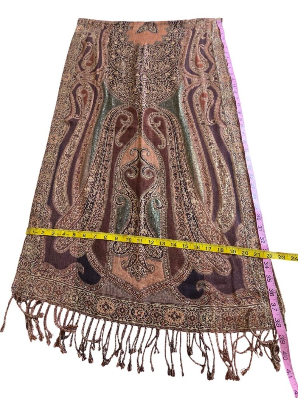 Shawl Brown & Gold Wrap Reversible w/Paisley Design 22x76 - Picture 2 of 3